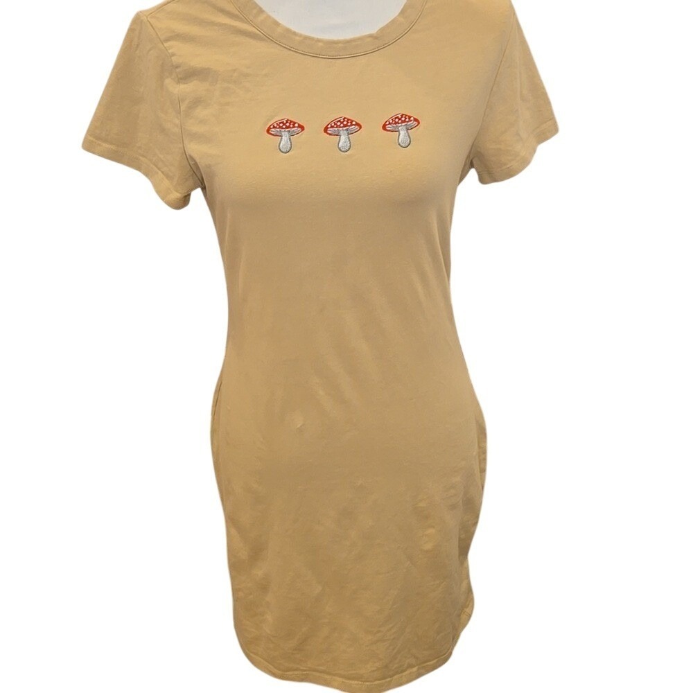 Rebellious One Tan Short Sleeve Fitted Jersey Mushroom Print Dress - Size Medium
